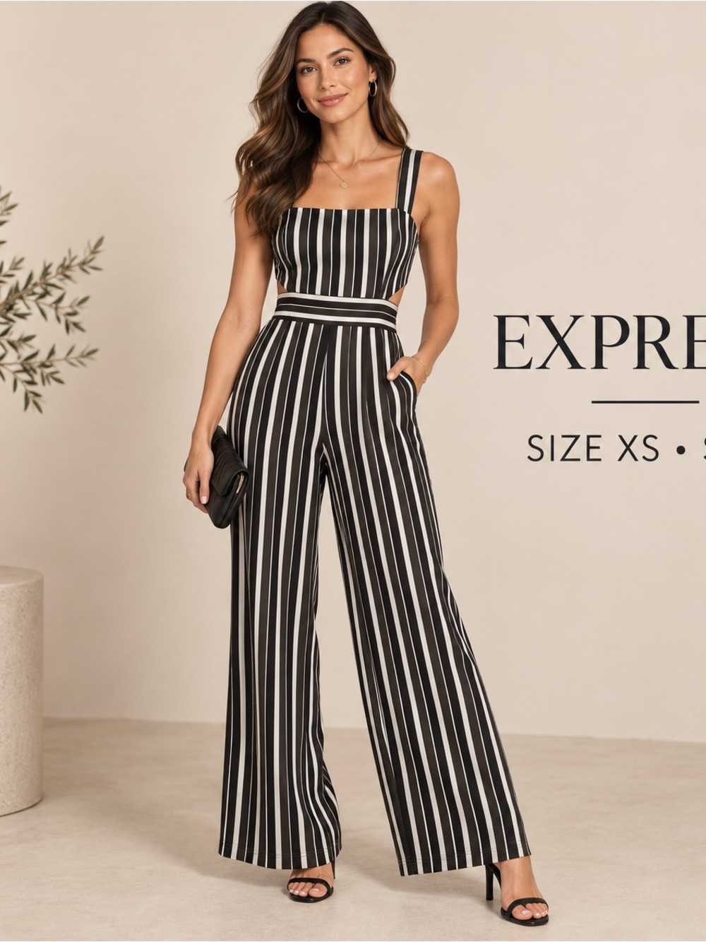 Express Black and White Vertical Stripe Wide-Leg Jumpsuit